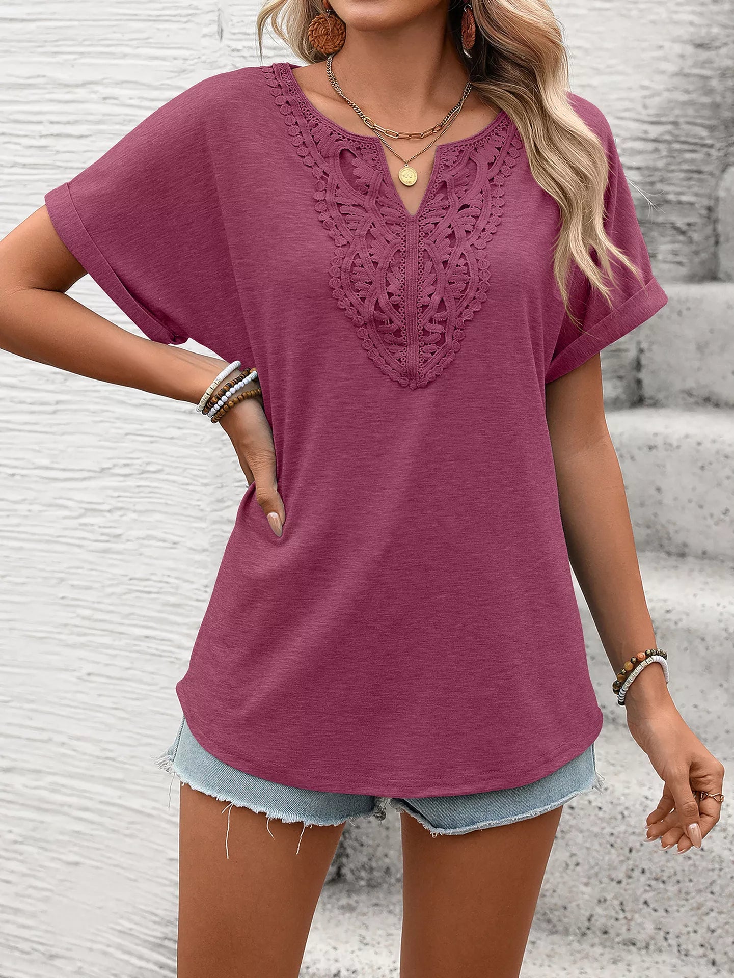 Lace-trim short-sleeve t-shirt in burgundy with embroidered lace V-neck