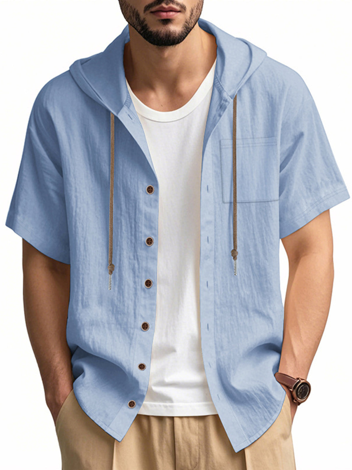 Men's hooded short-sleeve button shirt, light blue, button front with drawstring hood