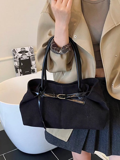 Black buckle detail shoulder bag with top handles and gold-tone hardware
