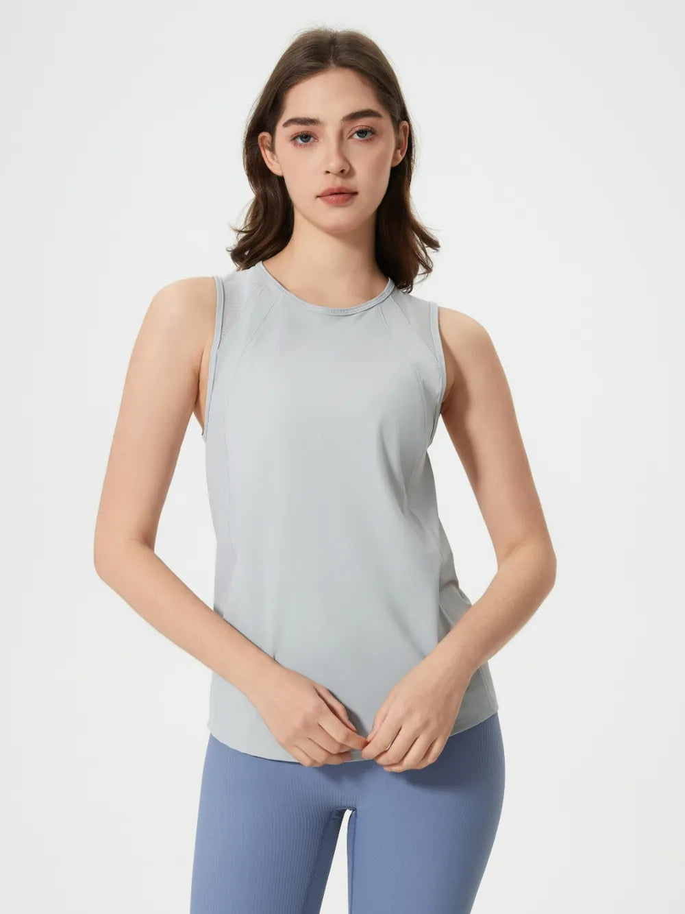 Active tank top with round neck, sleeveless, light gray-blue, front view
