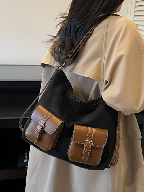 Buckle pocket shoulder handbag, dark body with brown front buckle flap pockets