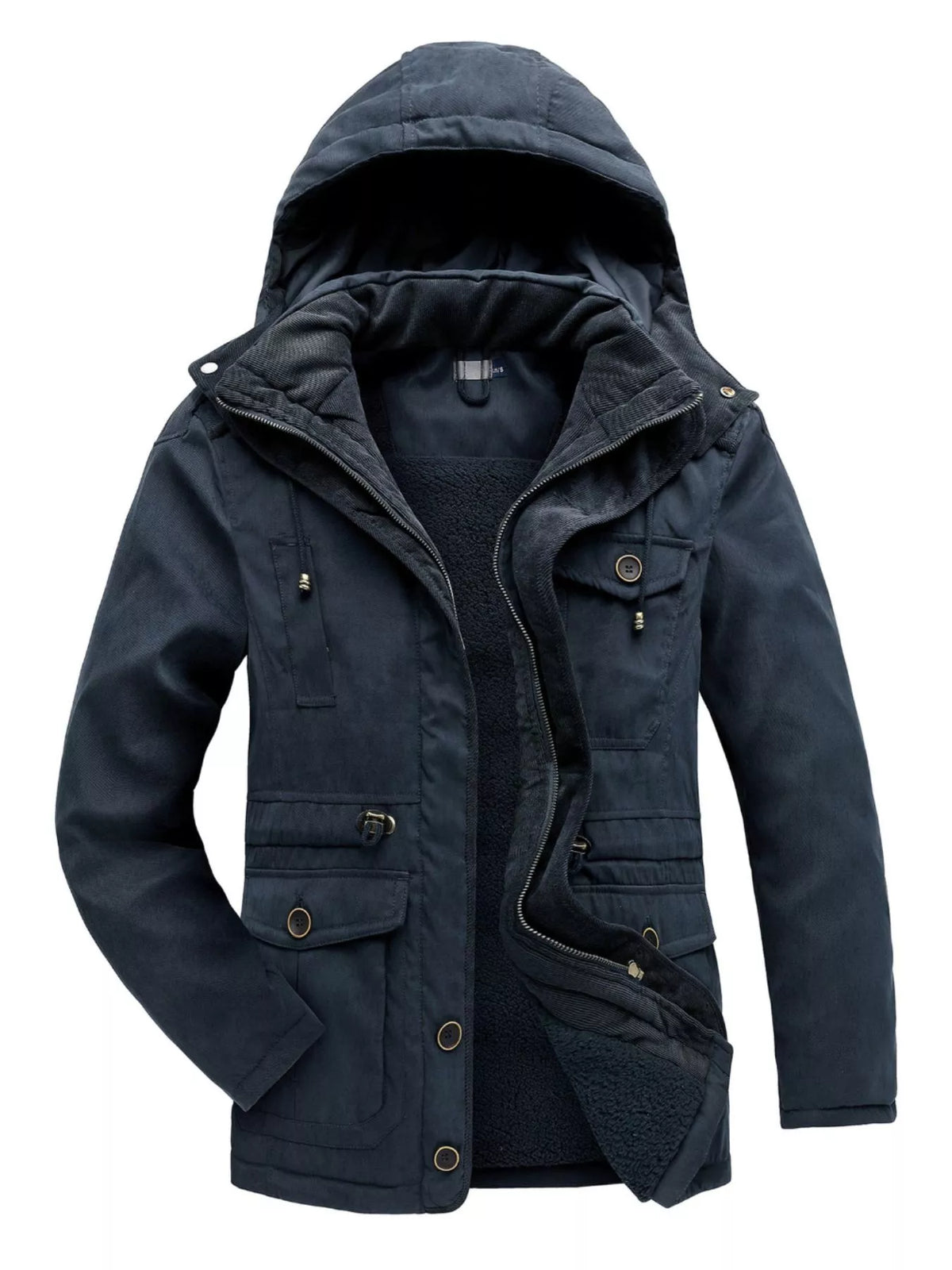 Men's navy hooded zip-up winter jacket with sherpa lining and snap front pockets