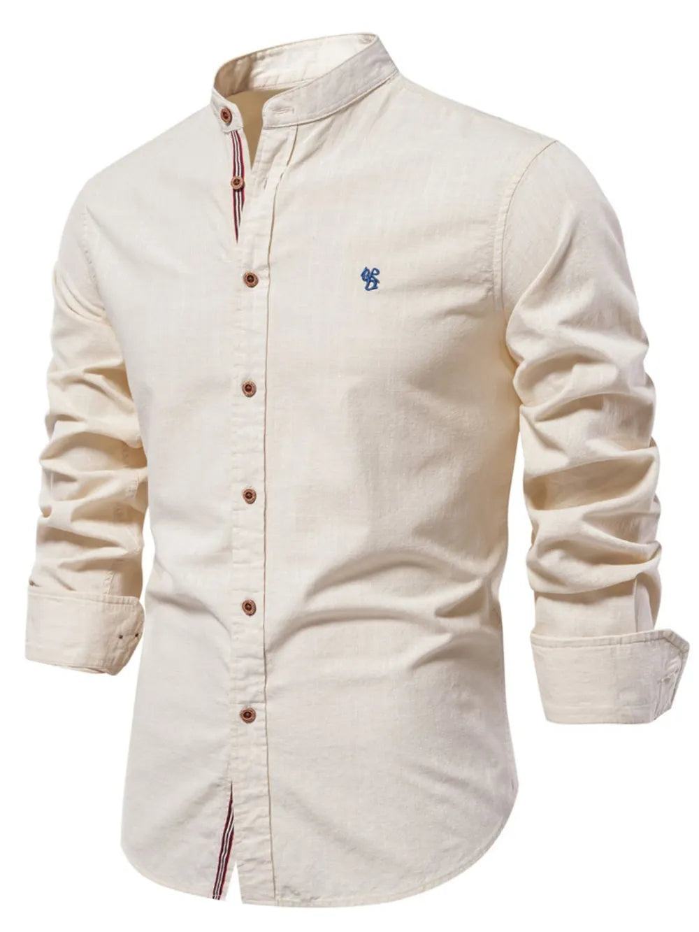 Men's cream button-down shirt with embroidered chest logo and button placket