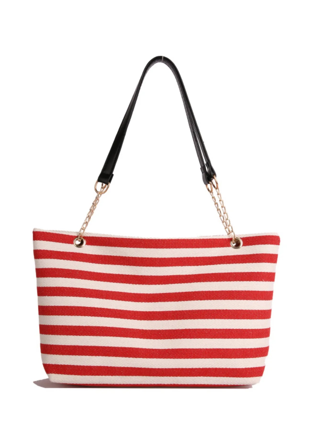 Striped shoulder bag with chain detail, red/white striped tote with black chain handles