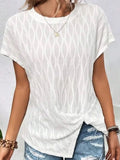 White patterned round-neck short-sleeve T-shirt with draped hem detail