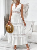 Cedar & Moore Full Size Lace Tied Swiss Dot Sleeveless Maxi Dress, white plus size with lace waist and scalloped hem.