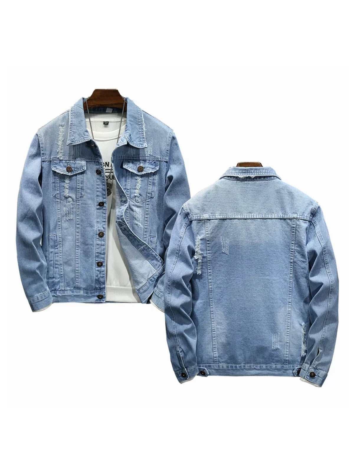 Light blue denim jacket set, front and back, distressed slim fit with button front