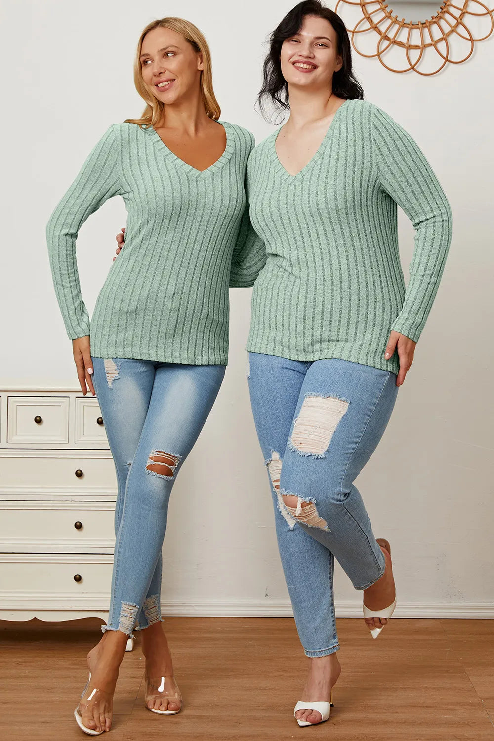 Cedar & Moore Basic Bae full-size ribbed V-neck long-sleeve tee in sage green, shown on two models