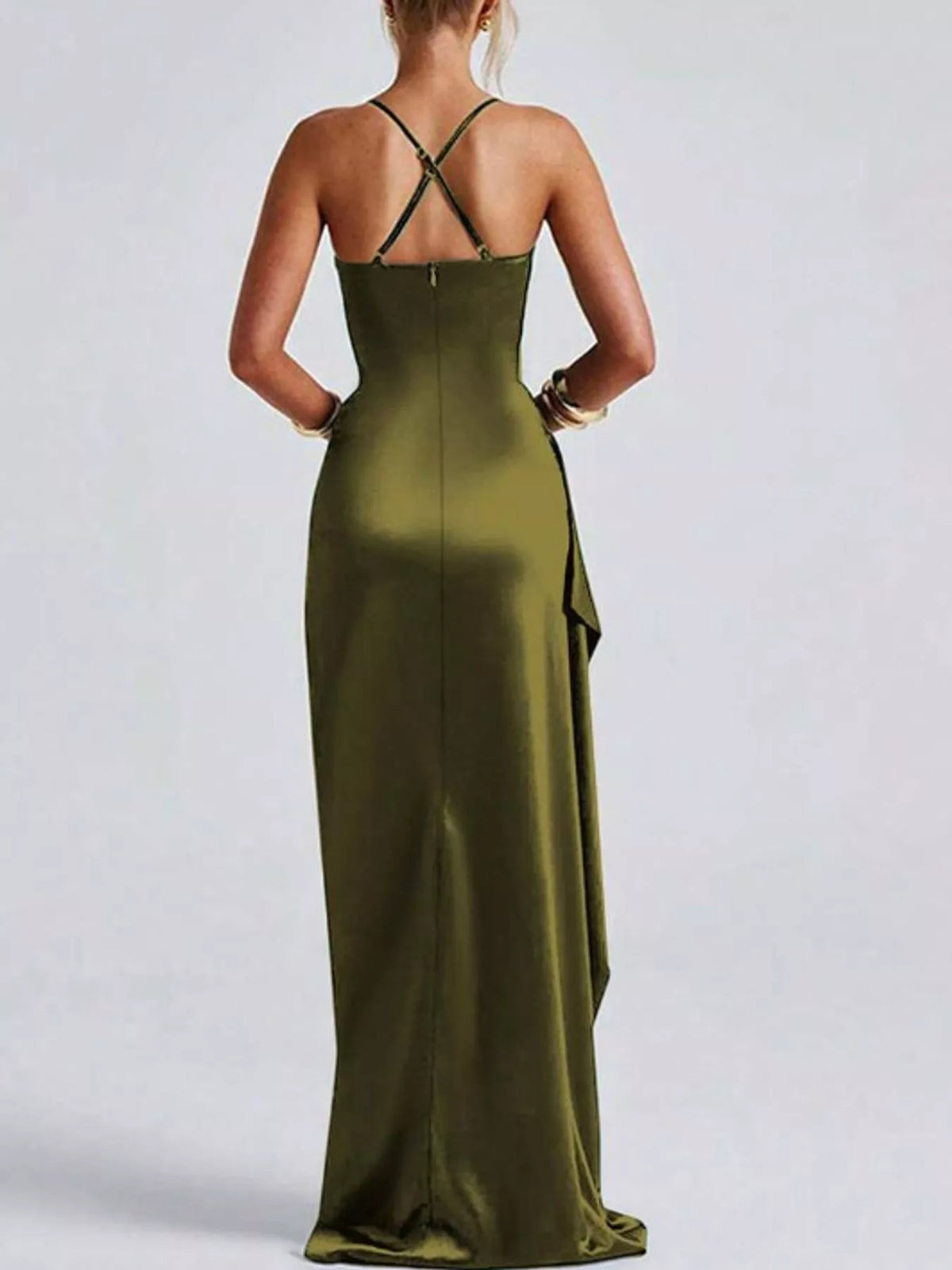 Ruched satin maxi dress with crisscross back straps and high side slit, dark olive