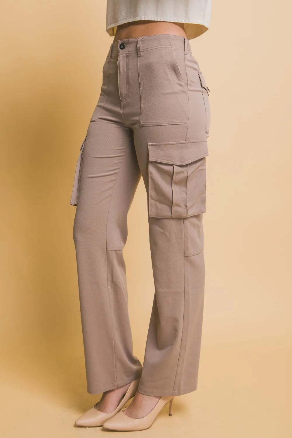 Taupe high-rise cargo pants with side cargo pocket and belt loops