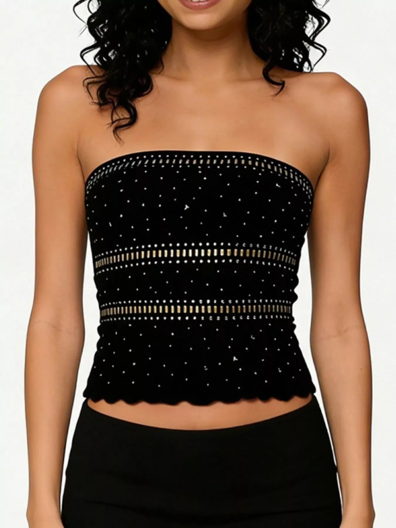 Cedar & Moore Rhinestone Tube Top, black strapless with scattered rhinestones and gold-tone perforated bands.