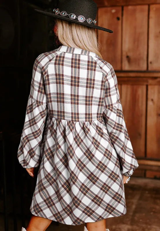 Plaid mini shirt dress back view with gathered yoke and long balloon sleeves, white base