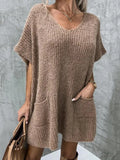 Taupe V-neck short-sleeve knit sweater with front pocket, tunic length.