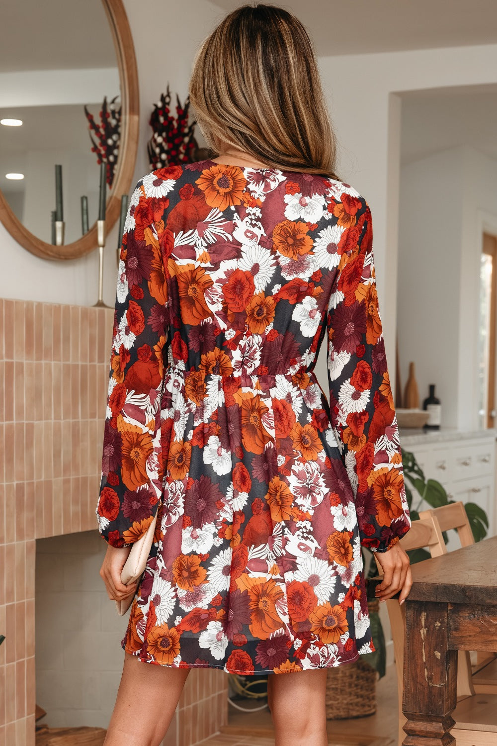 floral flowy mini dress Print Wrap V Neck Puff Sleeve PROMO: Clothing + Curtains Flour Sack Dresses: Thrifty a flattering empire waist Color:Anthracite