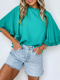 Ruffle Trim Half Sleeve Blouse in teal, loose-fit with ruffle sleeves.