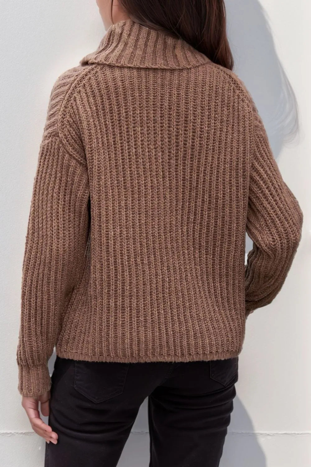 Brown back view of turtleneck dropped-shoulder pullover sweater with knit texture