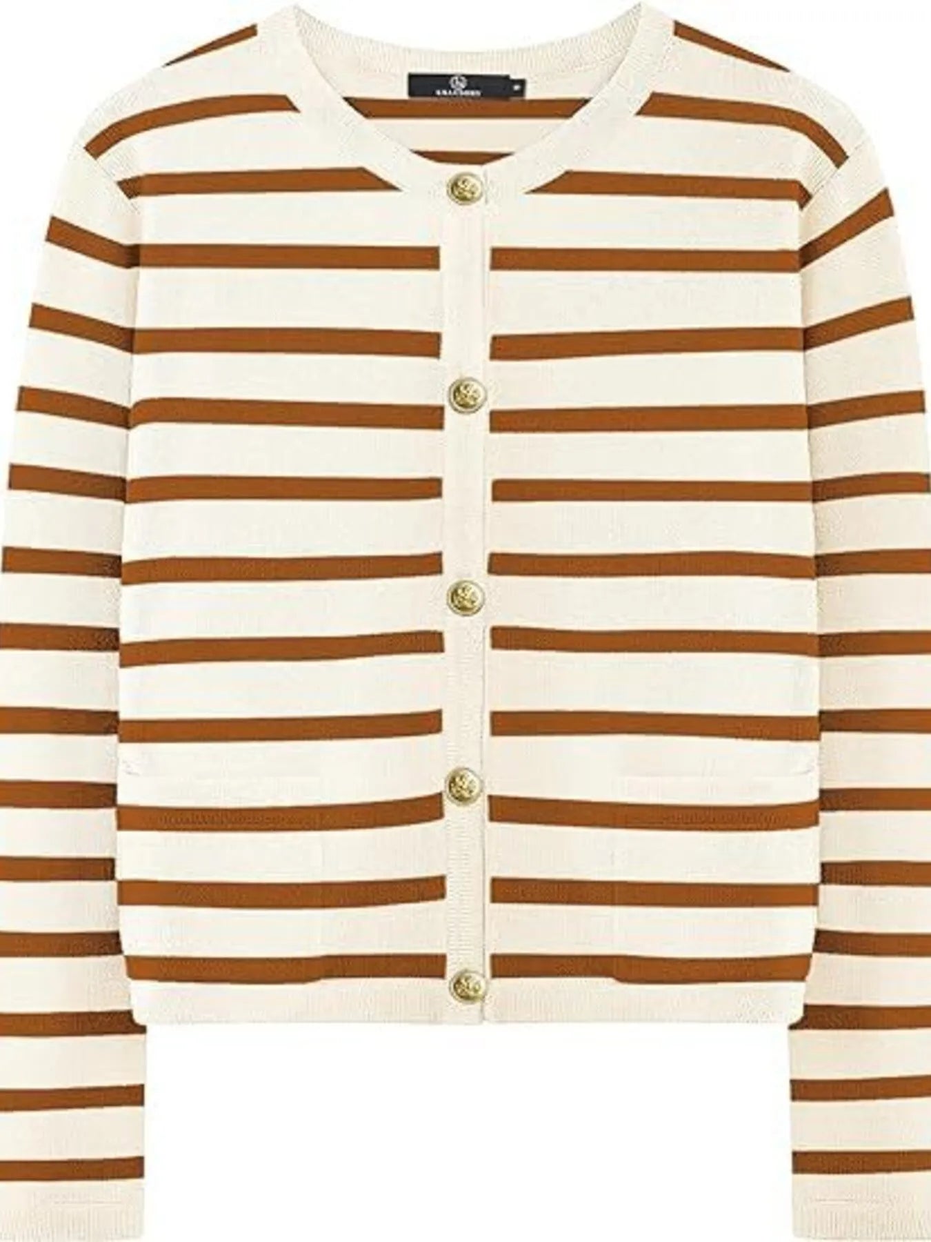 Camel-and-white striped button-up cardigan top with V-neck and gold button closures