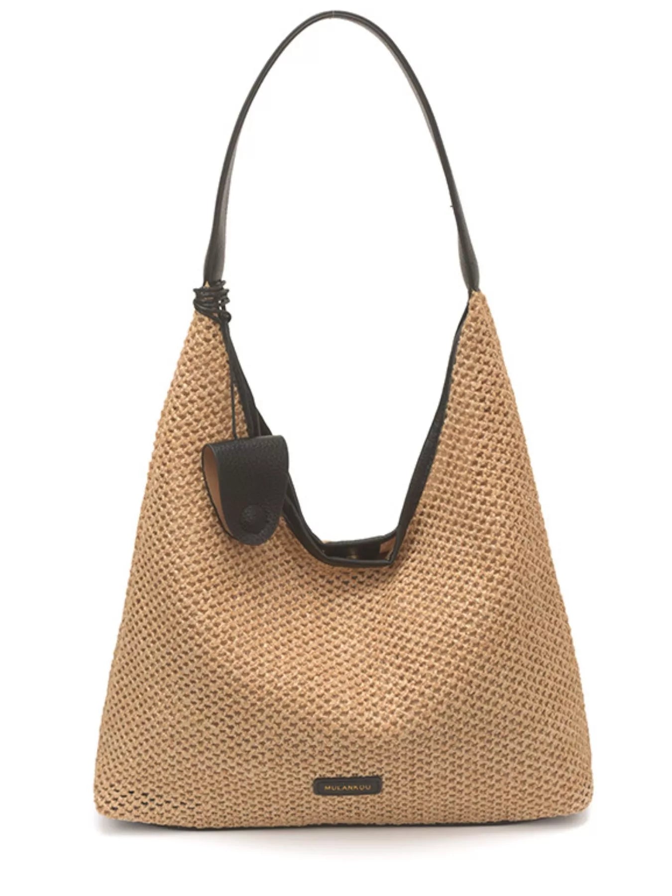 Camel woven straw shoulder bag with black trim, pocket, and curved top handles
