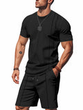 Men’s black short-sleeve round-neck T-shirt and matching drawstring shorts set