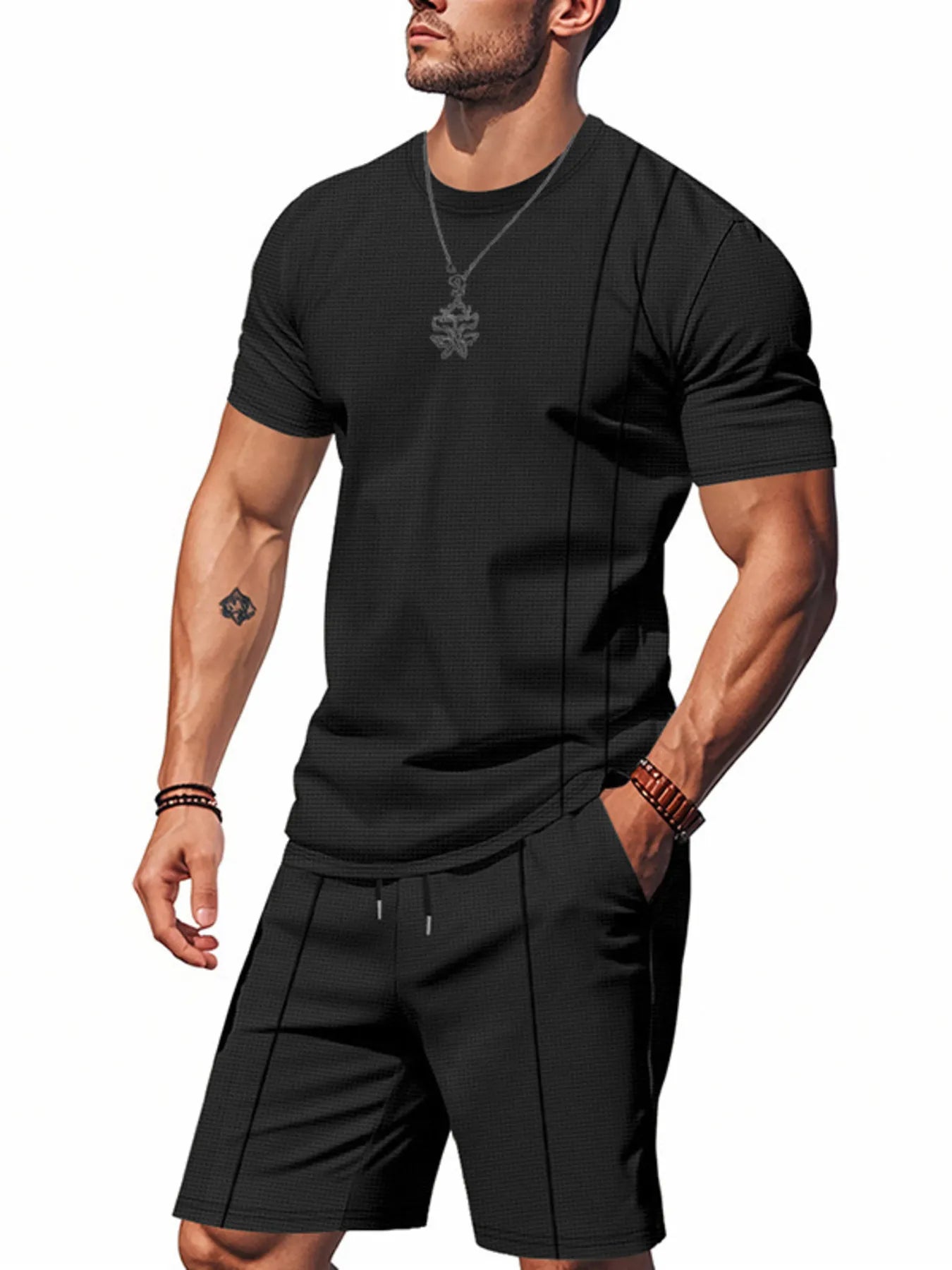Men’s black short-sleeve round-neck T-shirt and matching drawstring shorts set