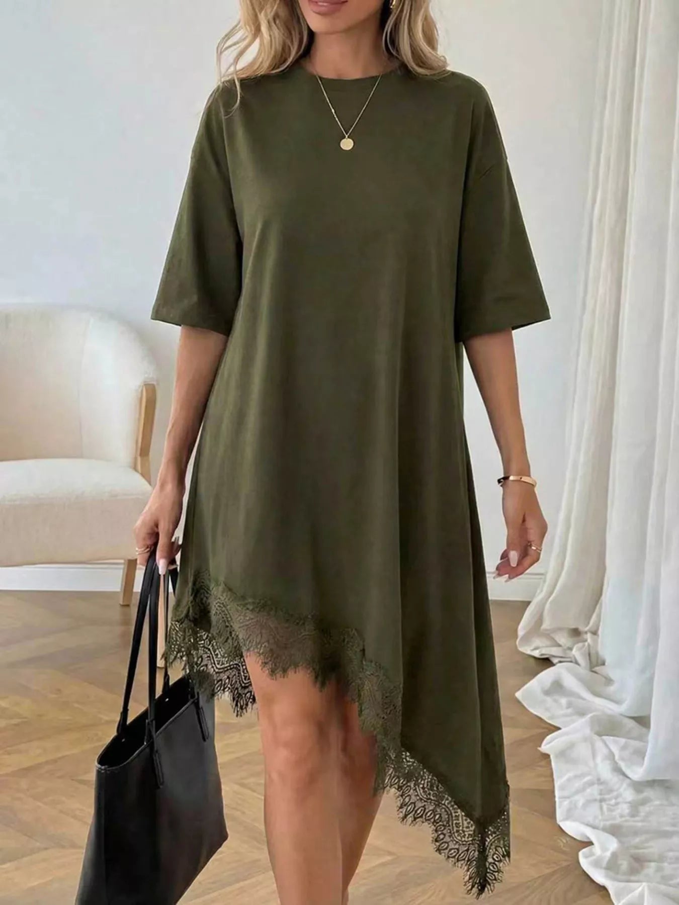 Asymmetrical lace-trim T-shirt dress in army green, crew neck, scalloped lace hem