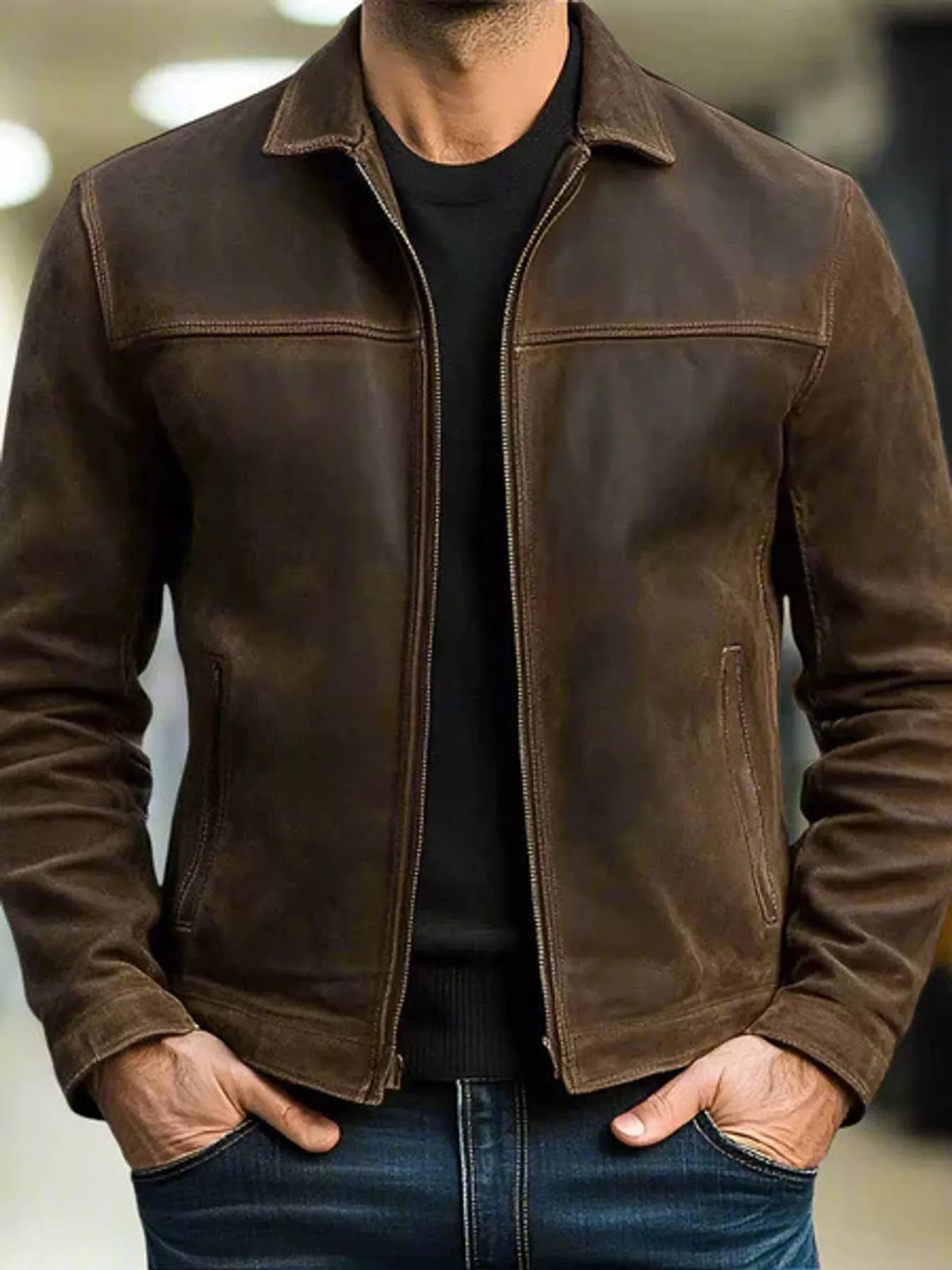 Men's zip-front suede jacket with stand collar and side pockets, dark brown