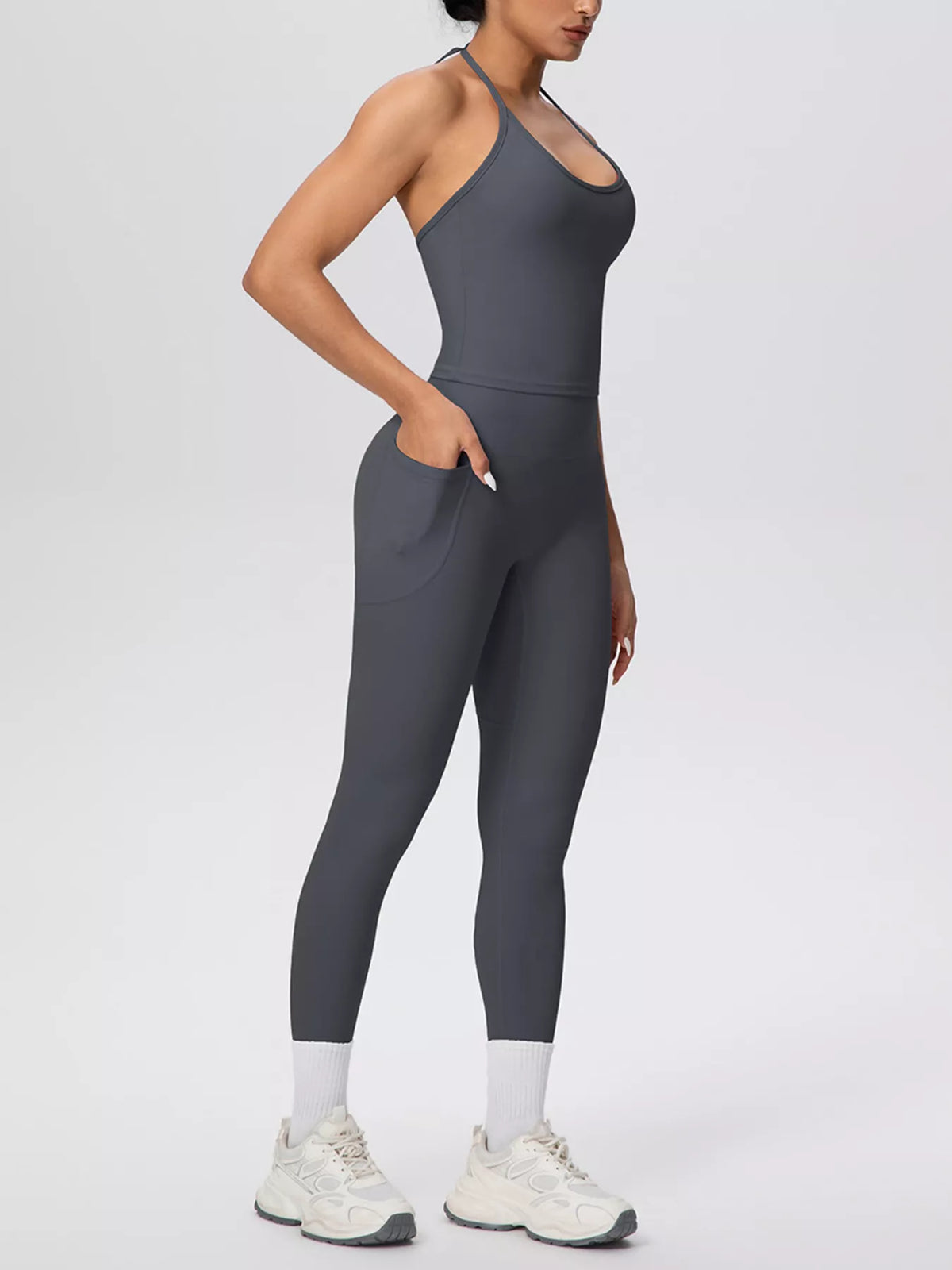 Two-piece halter top and legging set, dark gray, halter neck and fitted leggings