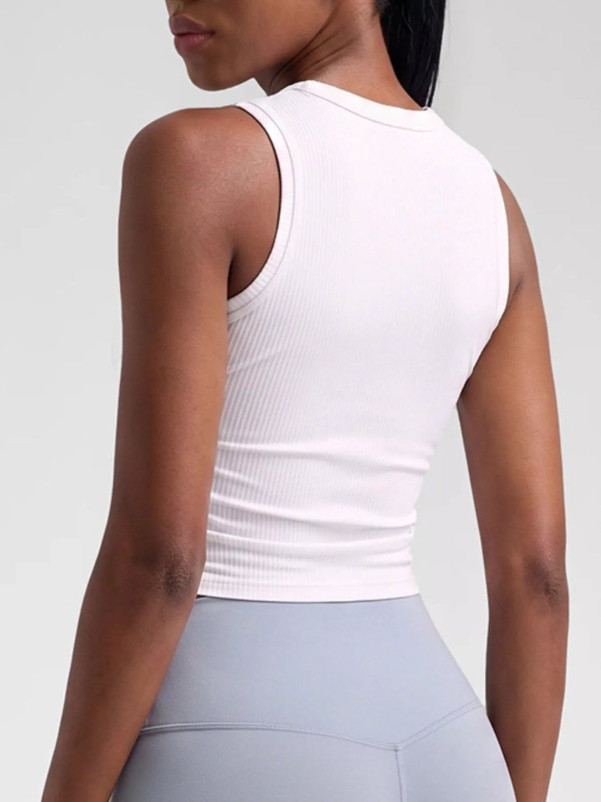 Women’s white ribbed ruched active fitness tank top, sleeveless crew neckline
