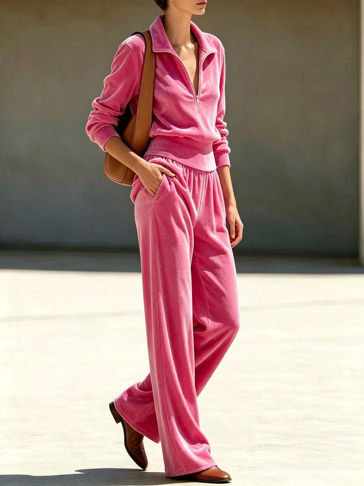 Fuchsia pink half-zip sweatshirt and wide-leg pants set, side view