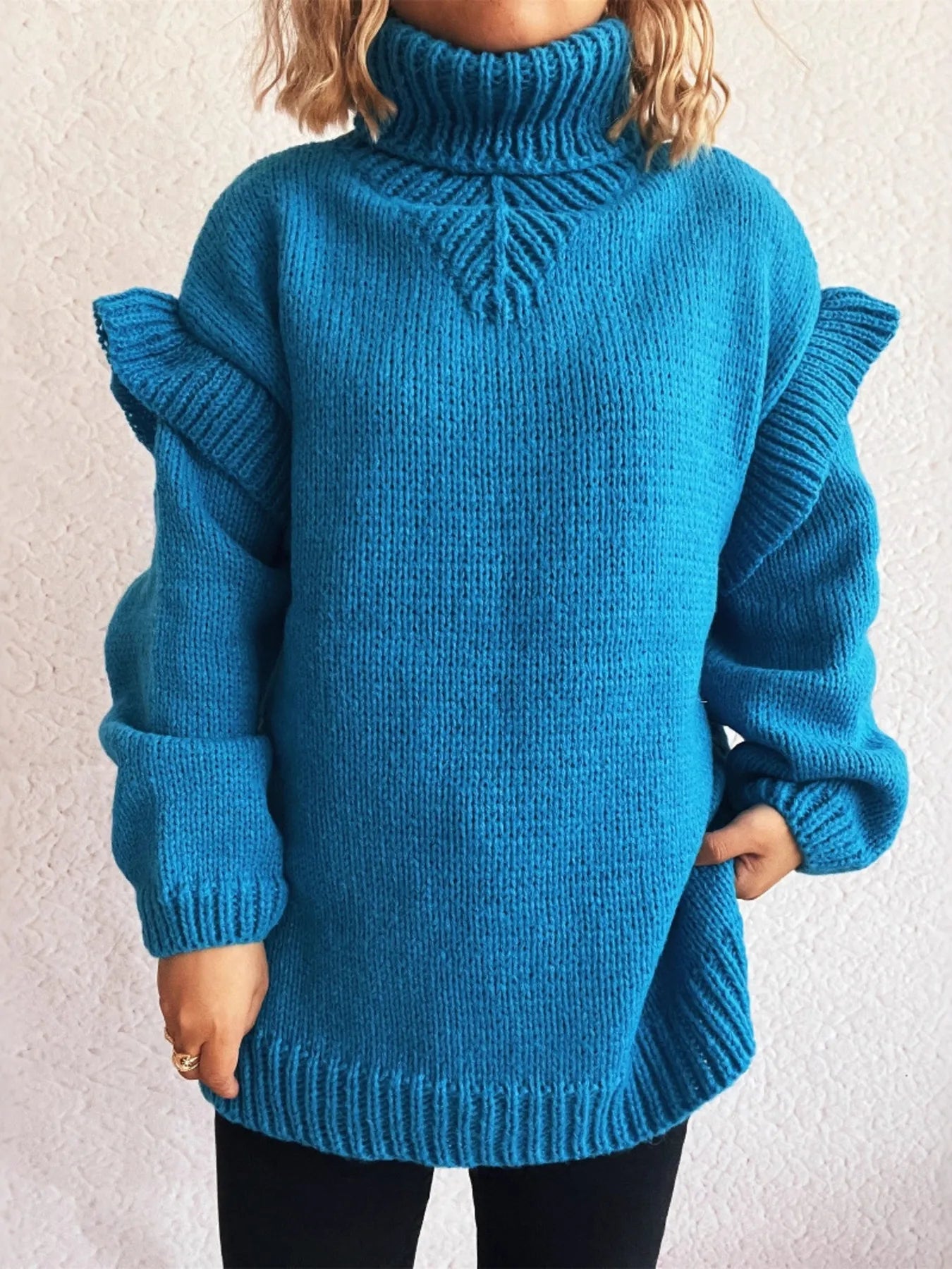 Blue ruffled turtleneck long-sleeve sweater with ribbed neckline