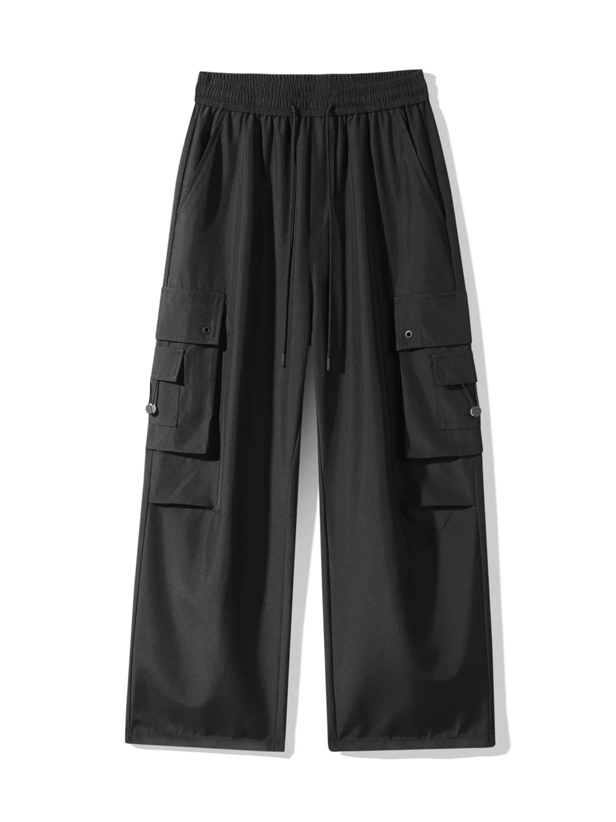 Black loose cargo pants with drawstring waist and side flap pockets