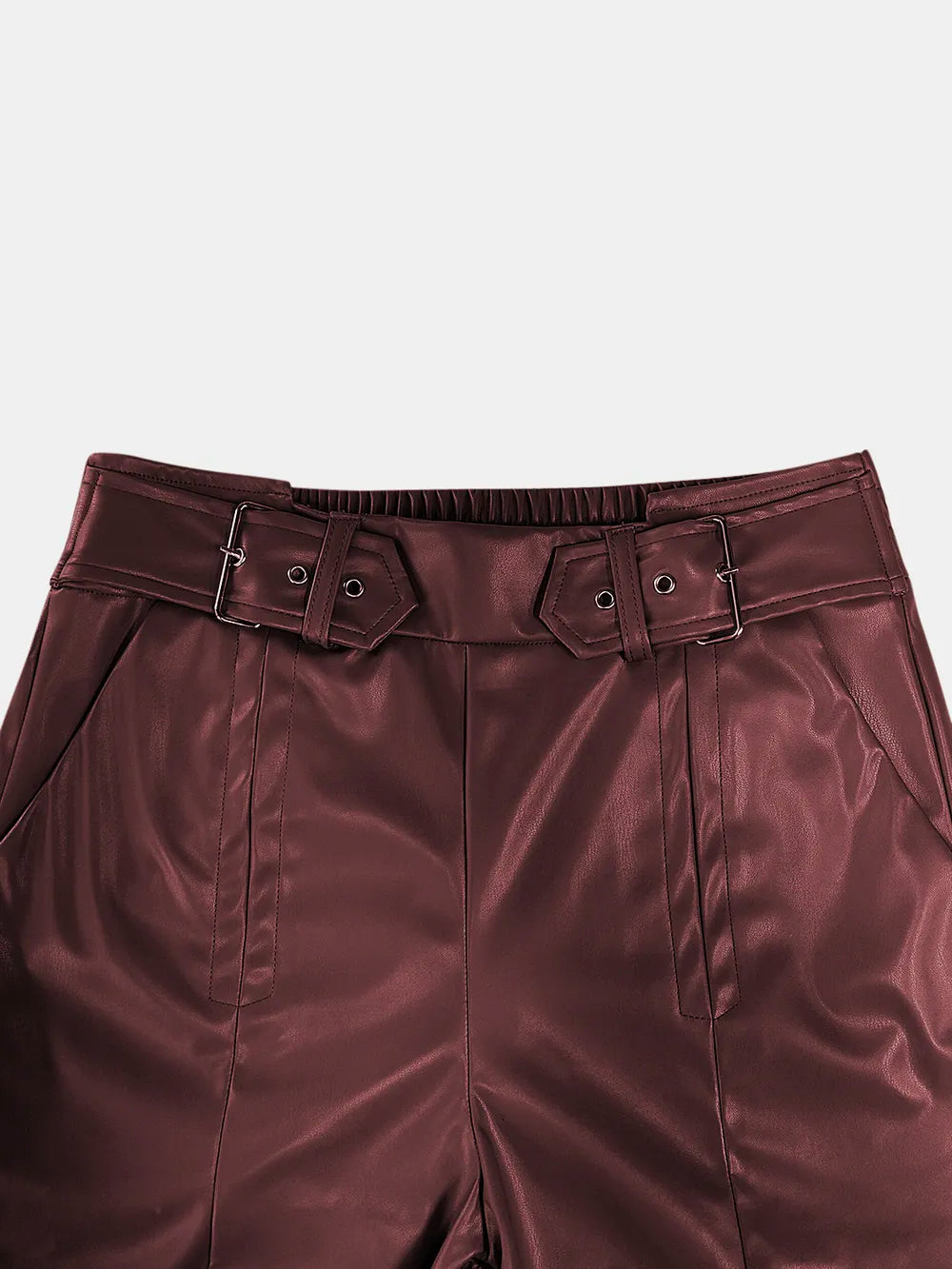 Burgundy wide-leg pants with half elastic waist, front belt buckle and belt loops