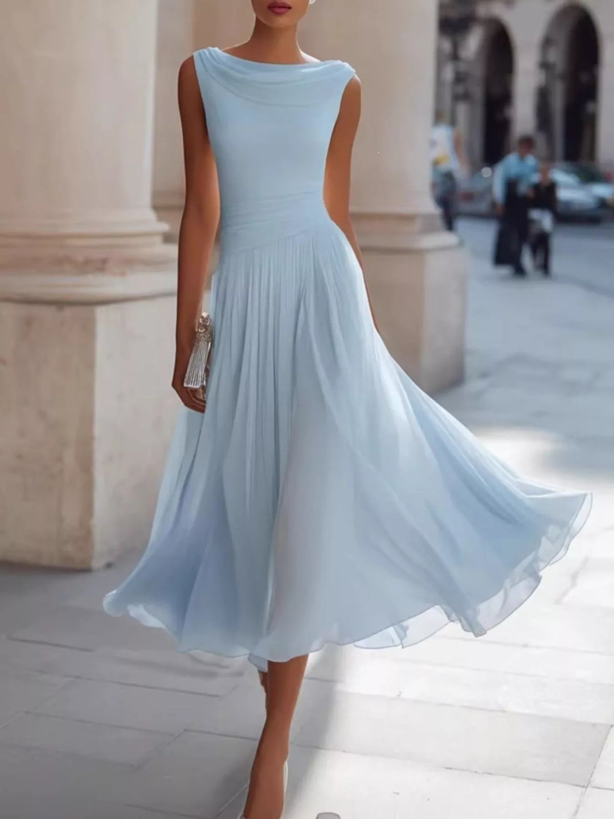Light blue stretchy sleeveless cowl neck midi dress with gathered pleated skirt