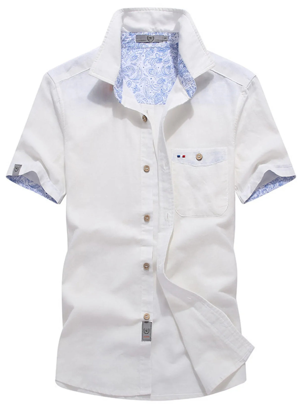 Men's casual short-sleeve button-up shirt, white with chest pocket