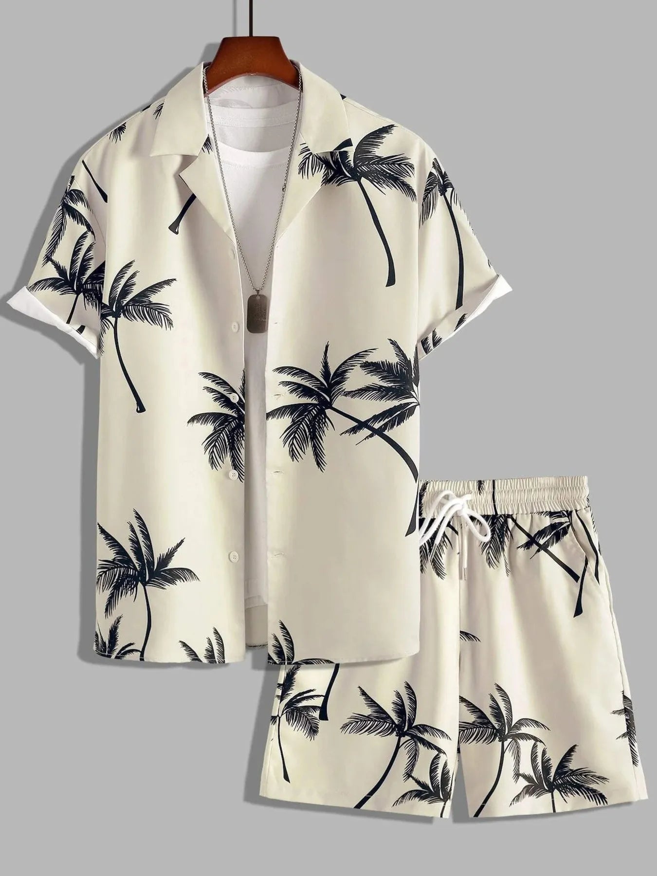 Men's palm print button-up shirt and shorts set, cream with black palm trees.