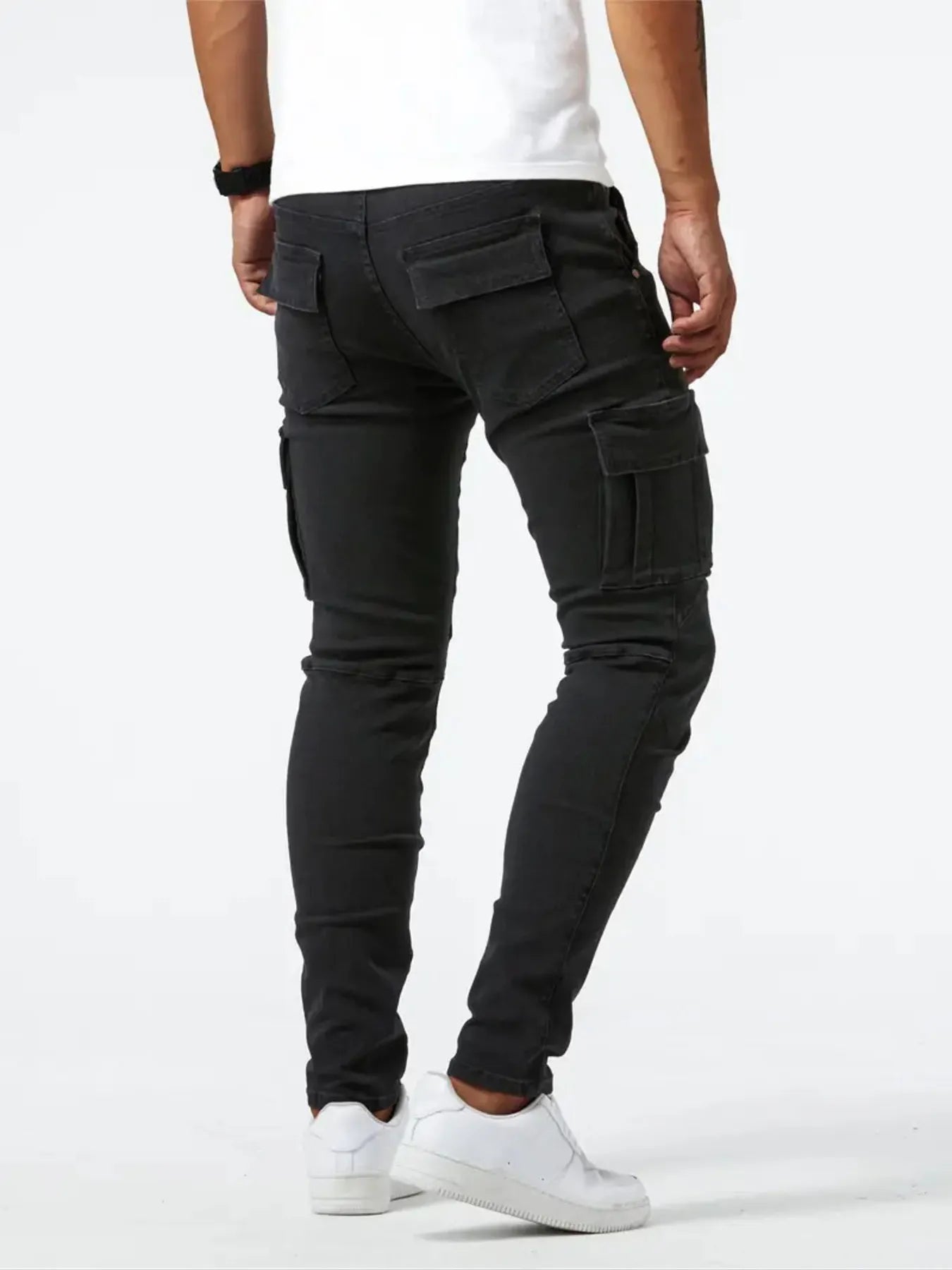 Black slim cargo jeans with back yoke and stacked cargo pocket design