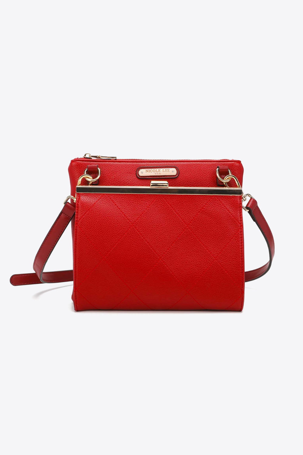 Red quilted crossbody handbag with front lock clasp and gold tone hardware