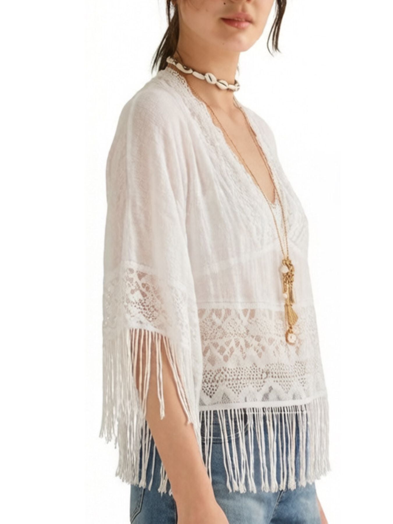 Cedar & Moore Lace Fringe Cover-Up by Trendsi, white sheer lace with long fringe trim