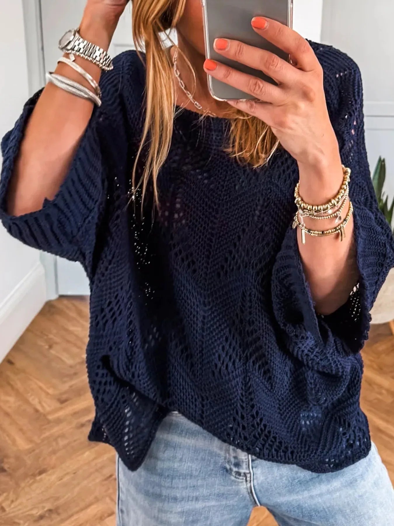 Navy crochet long-sleeve sweater with openwork knit and drop-shoulder sleeves