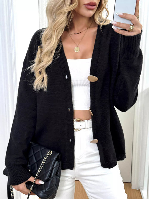 Black button-down V-neck cardigan with long sleeves and front pockets