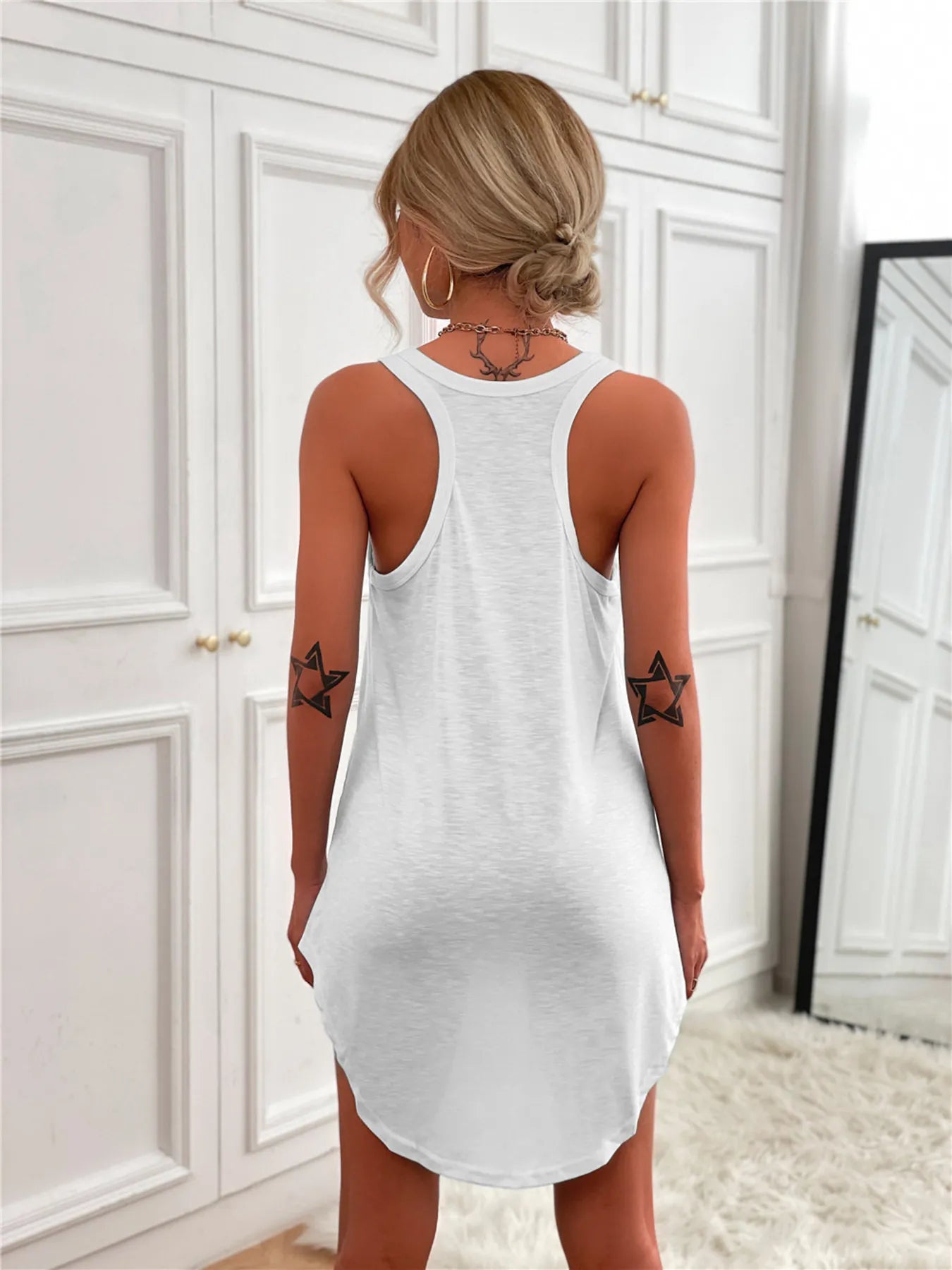 Casual Tank Mini Dress with Curved Hem by Trendsi, white sleeveless dress