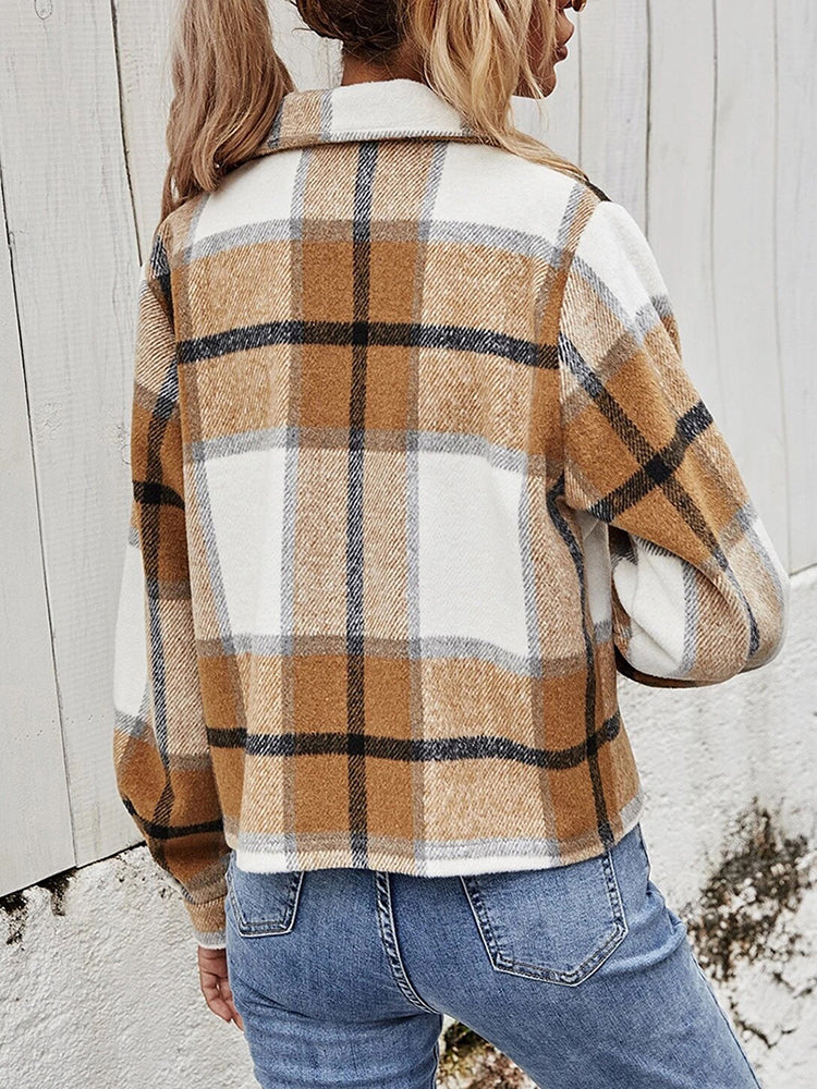 Back view of camel plaid collared jacket with long sleeves and button front
