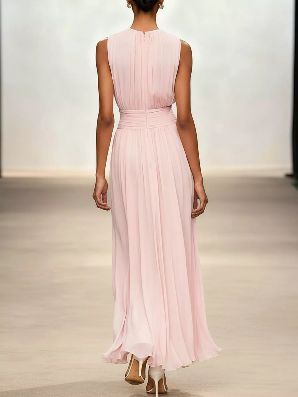Pink sleeveless chiffon maxi dress with back keyhole and gathered waist