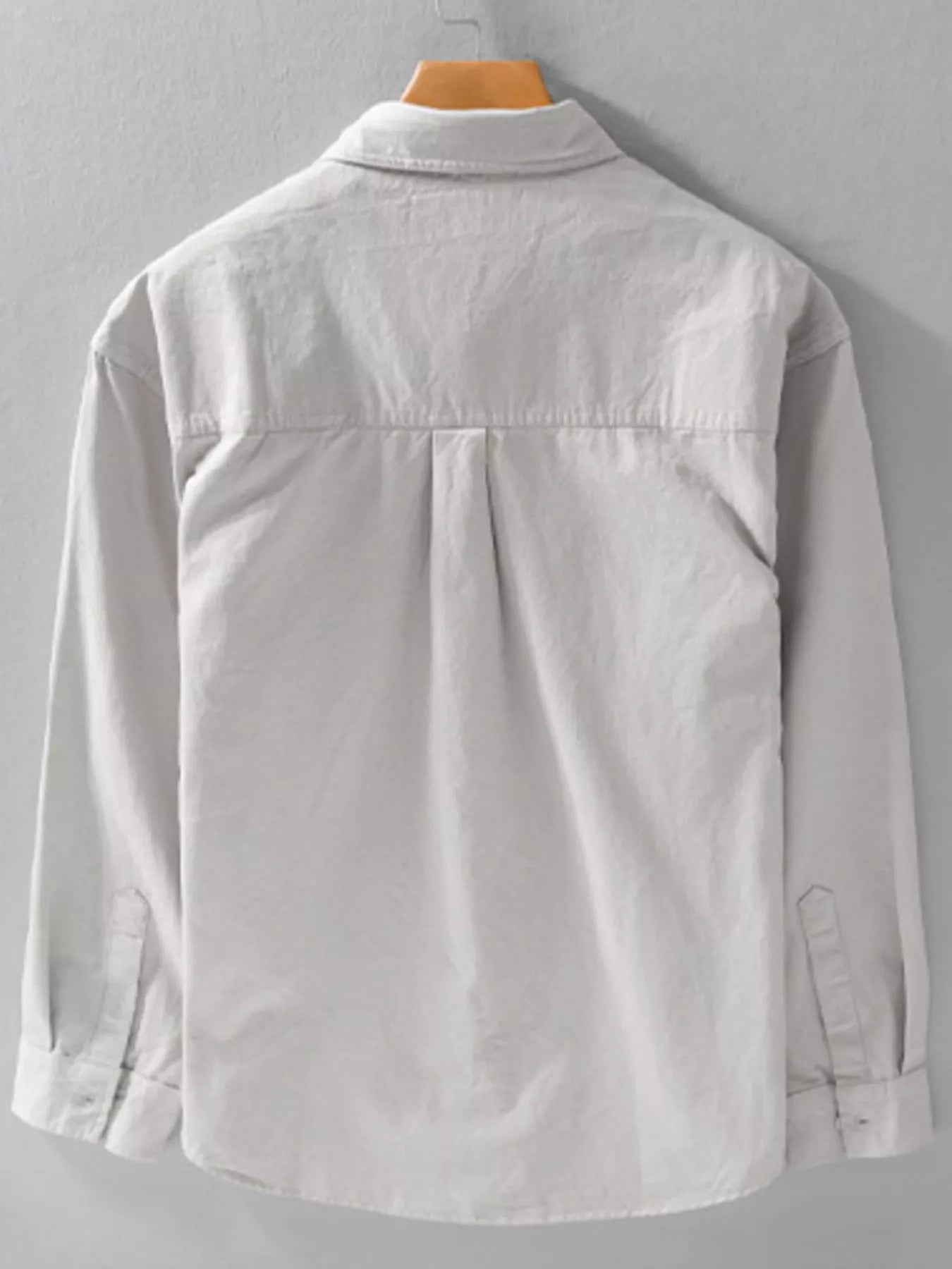 Men's plus size long-sleeve button-up shirt, back view, light color with yoke seams