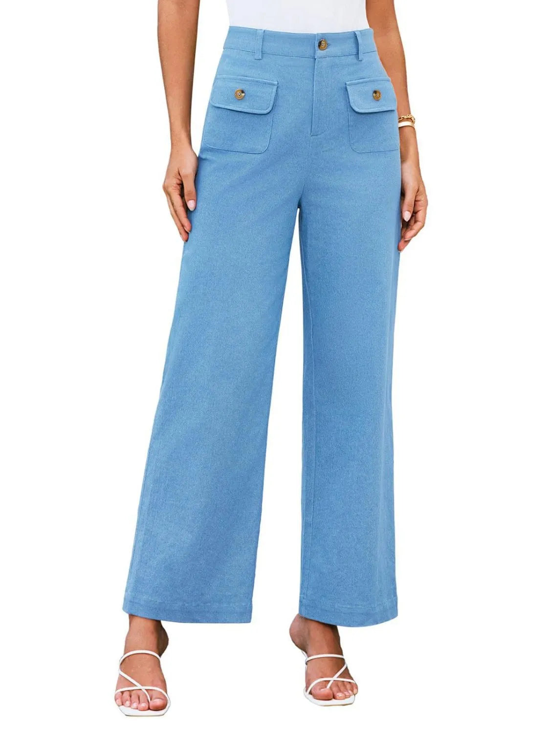 Sky blue high-waist wide-leg pants with front patch pockets and gold buttons
