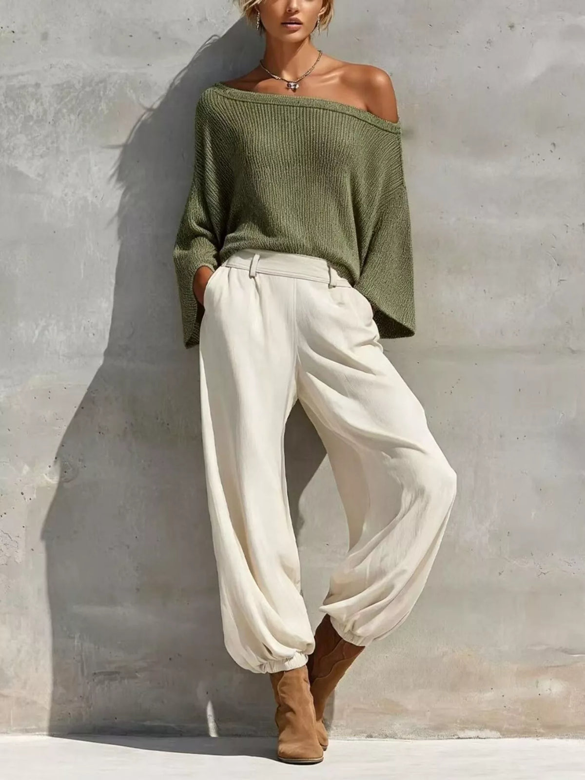 Moss green off-shoulder knit top with high-waisted white jogger pants and elastic cuffs