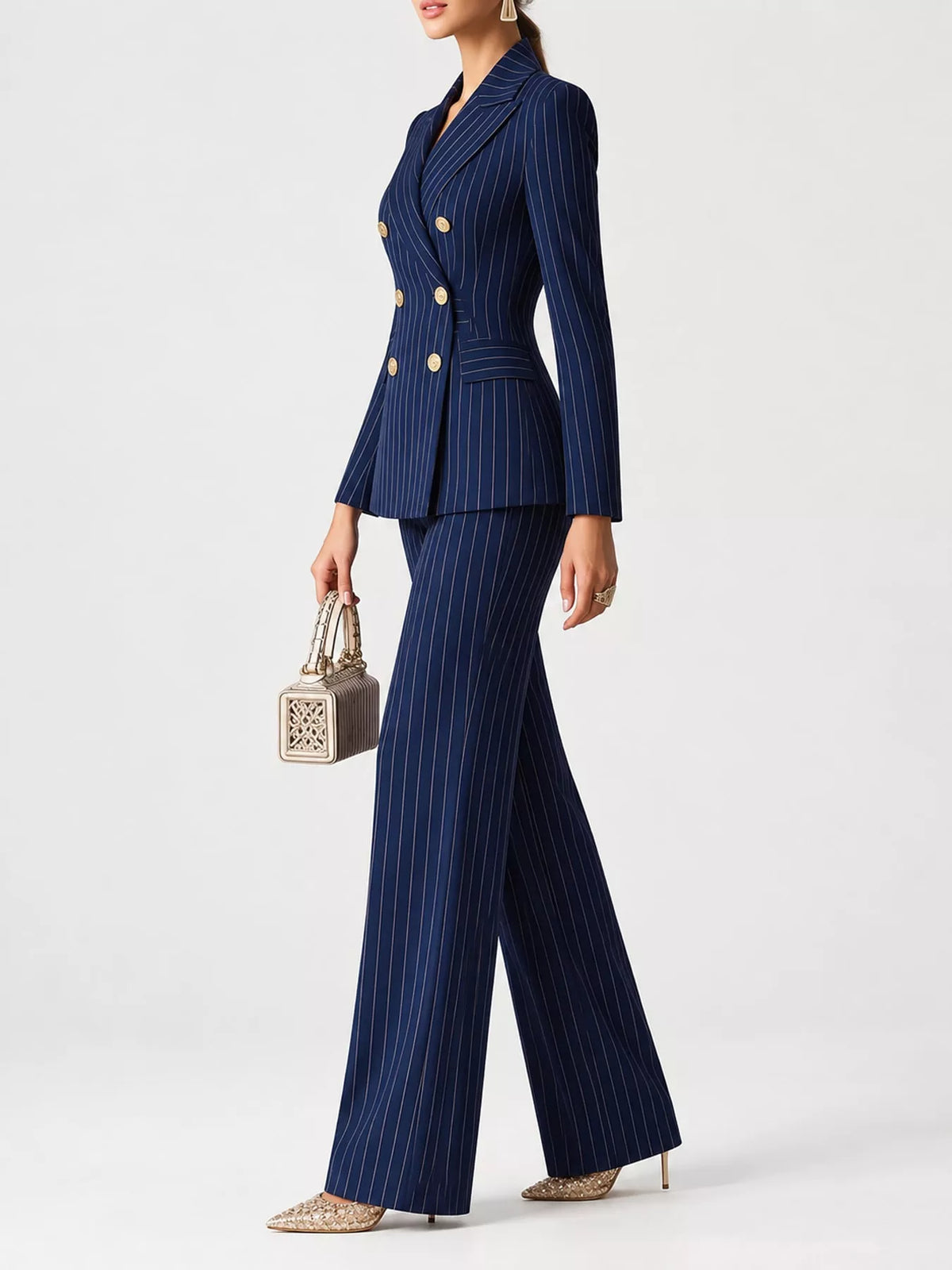Navy pinstripe double-breasted blazer and wide-leg pants set with gold buttons.