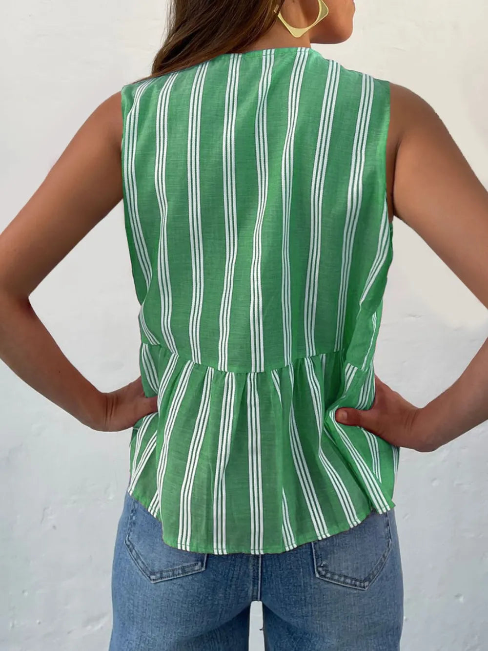 Green striped sleeveless tank top with gathered waist, back view