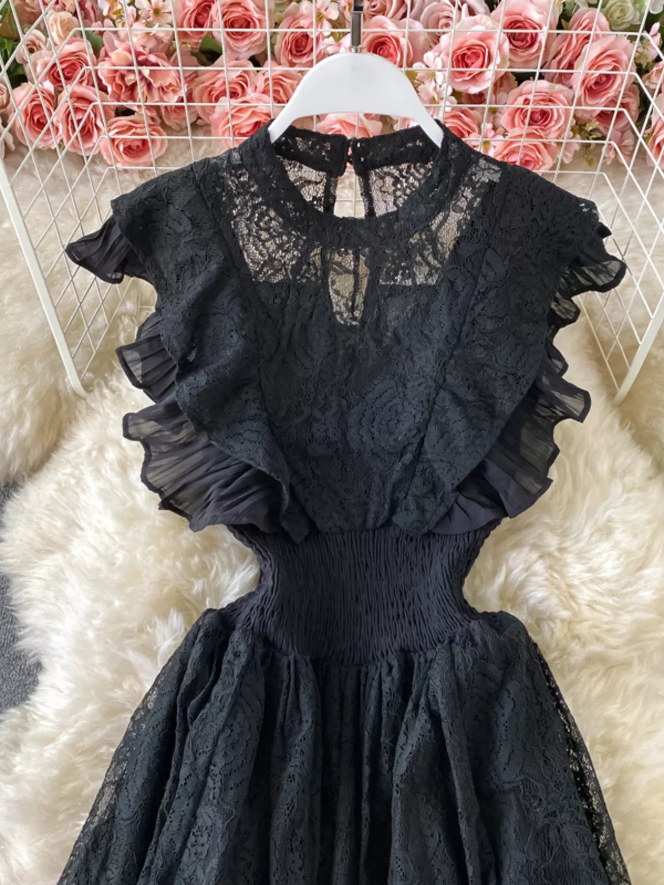 Cedar & Moore Ruffled Mock Neck Lace Maxi Dress in black lace with sheer bodice and layered ruffle sleeves