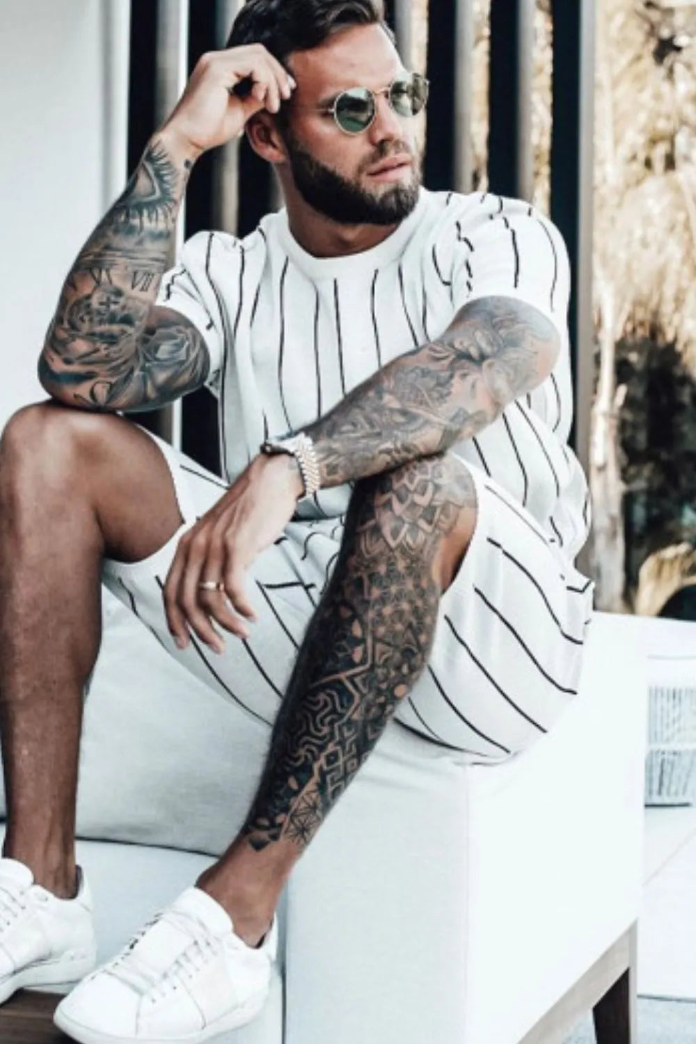Men's striped casual top and shorts set, white with dark vertical stripes